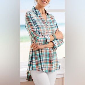 Soft Surroundings Emerson Blue/ Orange/ White Plaid Tunic Button Down Shirt